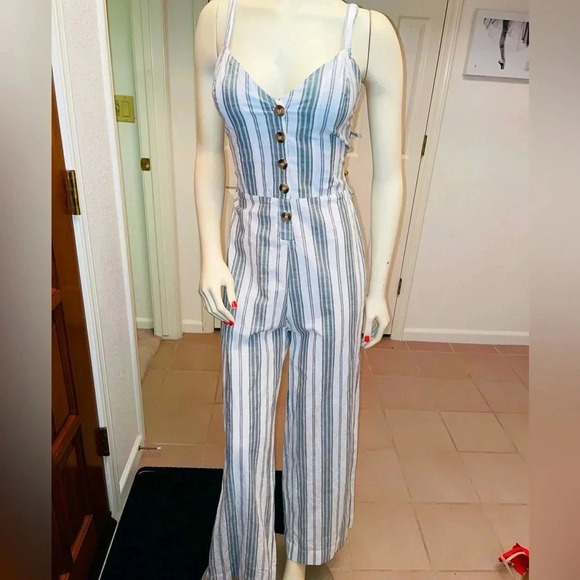 Japna Wide Leg Cropped Jumpsuit w/ Back Cutout and bow green & white size M - Picture 1 of 16